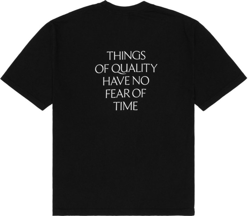 Black T-shirt printed with Things of quality have no fear of time, set in Ceraph